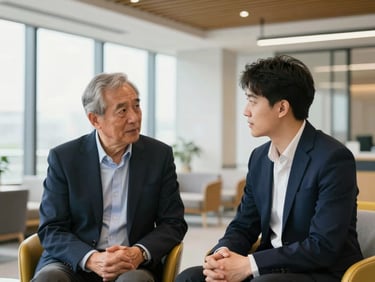 Authentic portrait of two professionals, one senior and one junior, having a focused mentorship conversation in a modern office lounge area, natural light. Clean corporate photography, bright natural daylight, deep navy and gold accents, professional editorial style, 35mm lens.