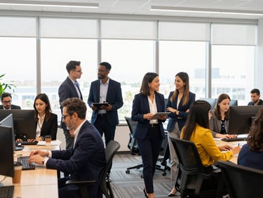 Wide environmental shot of a vibrant, collaborative office space with professionals working and interacting, emphasizing a positive work environment, natural light. Clean corporate photography, bright natural daylight, deep navy and gold accents, professional editorial style, 35mm lens.