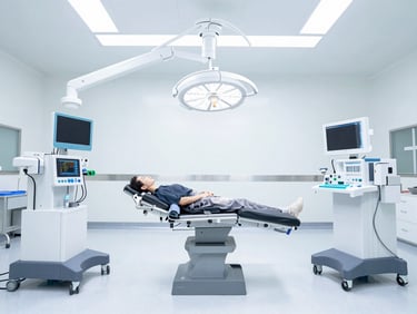 Wide shot of a modern operating room with advanced surgical equipment, clean clinical environment, cool-toned window light.
