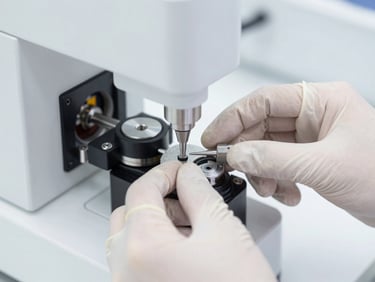 Macro shot of a biomedical engineer's hands in sterile gloves calibrating a complex medical machinery component, focused on precision tools.