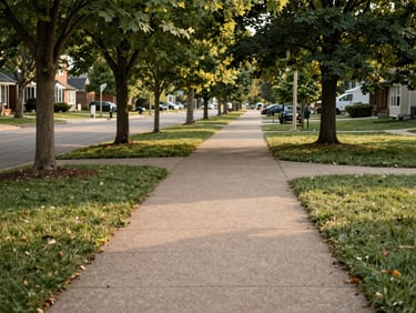 A clean, safe neighborhood park pathway winding through trees in Arden Hills, soft natural afternoon light