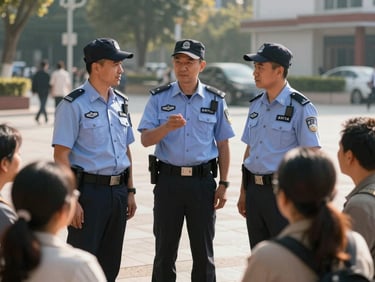 Medium shot of security workers in clean uniforms talking with community members in a sunlit public square, warm natural light, high-contrast shadows.