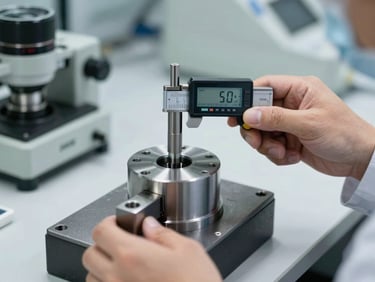 An inspector measuring a machined metal component with a digital micrometer in a clean quality control lab