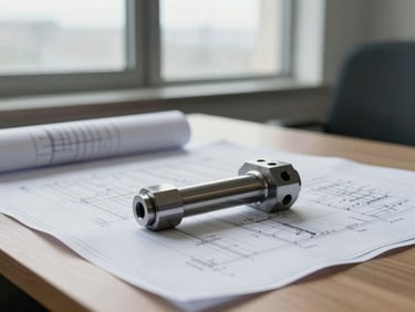 Clean administrative office desk with physical blueprints, a steel machined part resting on technical drawings, natural overcast daylight from a window.