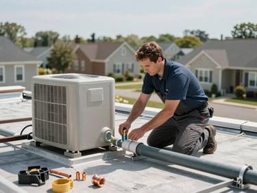 Wide shot of an HVAC technician on a residential rooftop connecting ductwork to a new unit, natural daylight, suburban rooflines visible in the background, tools and copper fittings in the foreground