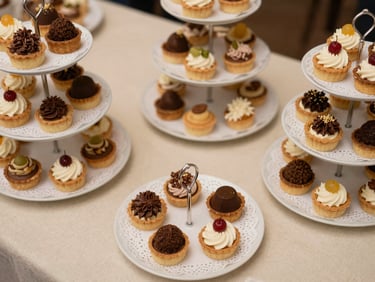Overhead shot of a dessert display table — tiered trays with miniature tarts, chocolate truffles, and petit fours on white doilies, warm soft light, cream linen backdrop