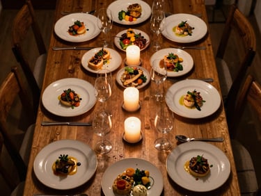 Overhead shot of a private dinner table set for eight, individual plates with garnished starters, candlelight, warm intimate lighting, no guests