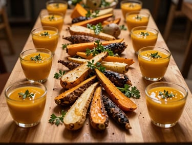Straight-on shot of a seasonal harvest spread on a long wooden serving board — roasted root vegetables, butternut squash soup in small cups, and fresh herb garnishes under warm golden venue light