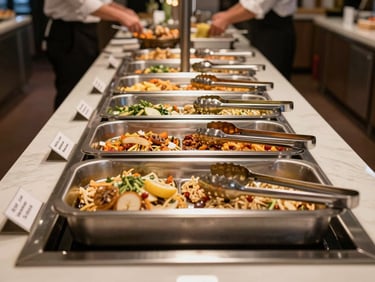 Straight-on view of a buffet station fully loaded, chafing dishes in a row with labeled cards, tongs resting on each tray, warm even lighting, staff station visible in background
