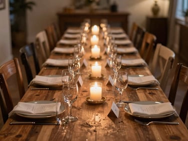 Straight-on view of a private party dining setup — long farm table with candles lit, mixed glassware arranged, place cards set, warm ambient light, an intimate home or estate venue, empty and ready before guests