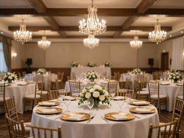 Straight-on view of a wedding reception ballroom fully set — round tables with white linen, floral centerpieces, gold charger plates aligned, warm chandeliers overhead, empty before guests arrive