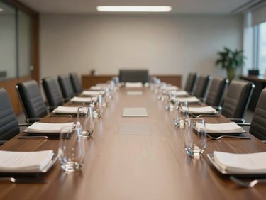 Wide straight-on view of a corporate boardroom lunch setup, uniformly arranged place settings on a long table, polished glasses, warm office lighting, empty before service