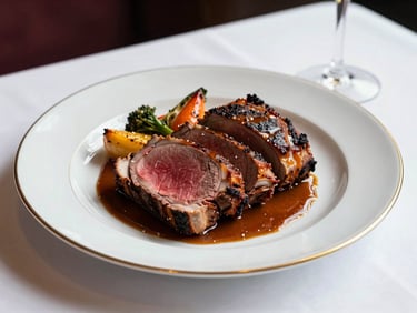 Straight-on view of a fully plated main course — sliced roasted beef tenderloin with roasted vegetables and sauce, on a white round plate with gold rim, warm venue lighting, white linen tablecloth visible