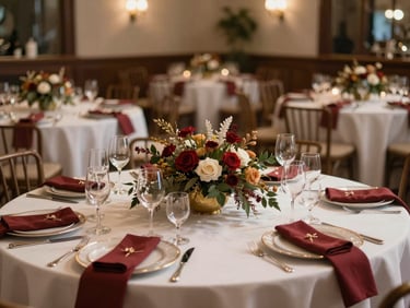 Wide view of a holiday party banquet table set with seasonal centerpieces, deep red and gold accents, white linens, warm venue lighting, fully prepped before service