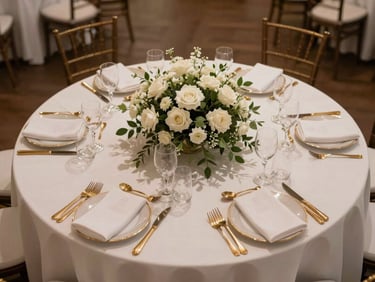 Overhead view of a fully set wedding reception table, white floral centerpiece, gold cutlery on white linen, warm venue light, no guests