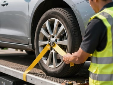 Close-up of a professional tow truck operator wearing a high-visibility safety vest, securing a car wheel with heavy-duty yellow straps on a flatbed platform, bright daylight.