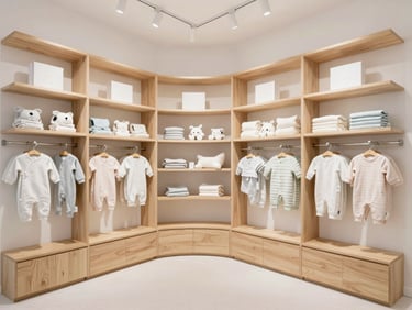 Bright, modern baby boutique interior with curved wooden shelving and soft, even lighting, showcasing premium baby products