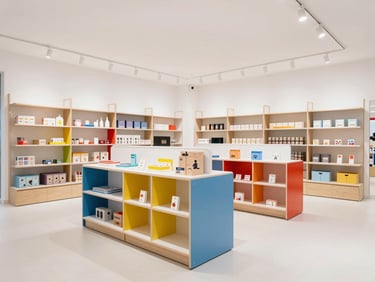 A bright modern toy store display with colorful modular shelving and interactive play zones, premium materials, high-key lighting