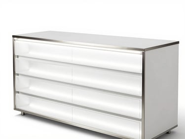 Premium cosmetics counter with integrated LED lighting, seamless white acrylic drawers, and brushed metal details, high-key studio lighting