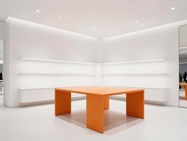 Brightly lit modern flagship store interior, high-key architectural photography, custom modular display tables with safety-orange accents, clean white walls, sharp focus