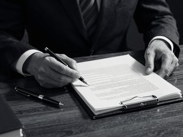Dramatic close-up of a lawyer's hands reviewing legal folios next to a gold-accented fountain pen on a dark wood desk, sharp side-lighting, black and white style