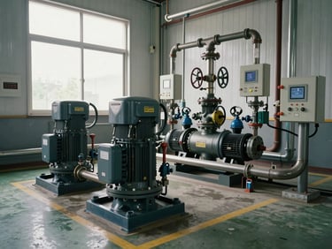 Wide shot of an industrial pressure booster station with multiple pump heads, manifold pipework and digital control panel, daylight from a high window, clean mechanical room