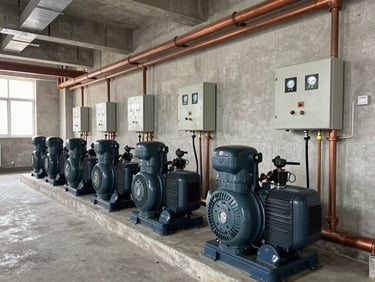 Wide shot of a building mechanical room showing multiple hydrofor pump units installed in a row along a painted concrete wall, copper and steel pipes running overhead, pressure gauges and control panels lit and operational. Daylight enters from a high ventilation opening on the left. Clean, functional, no people.
