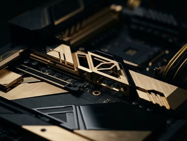 Sleek modern workspace, macro close-up of high-end hardware, abstract metallic gold and obsidian geometric structures, dramatic low-key studio lighting with sharp gold highlights, 35mm