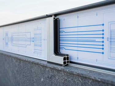 Detailed cross-section diagram of double-glazing and insulated wall showing thermal flow, technical blueprint style, clean blue lines