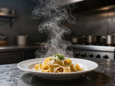 Low-key shot of steam rising from a fresh plate of handmade pasta in a dark restaurant kitchen, dramatic side lighting.