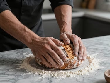 Close-up of a chef's hands kneading rustic sourdough on a marble counter dusted with flour, directional side lighting, moody Scandinavian kitchen background