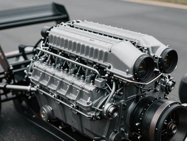 Close-up of a high-performance racing car engine, intricate mechanical details visible, under cool, diffused light. Desaturated tones.