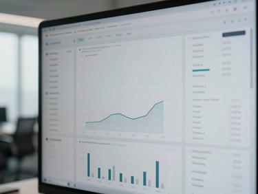 Abstract shot of a modern financial data dashboard on a screen, showing charts and numbers, with a subtle reflection of an empty, minimalist office. Desaturated cool tones.