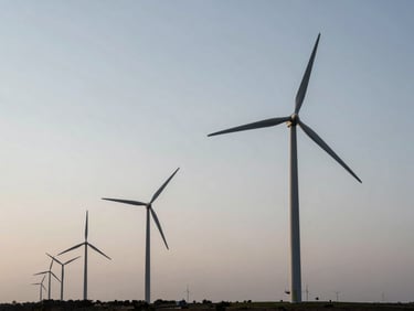 Panoramic view of a modern wind farm at dawn, turbines silhouetted against a soft, cool sky. Desaturated cool tones.