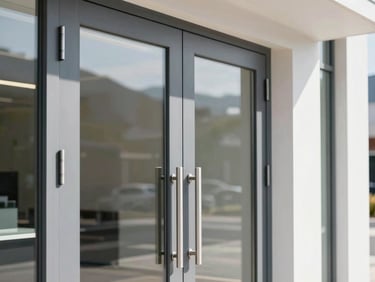 Detail shot of modern building finishes, sleek metal hardware, and clean commercial entrance doors under bright sun.