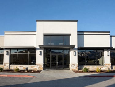 Symmetrical eye-level architectural shot of a modern commercial facility in Mountain Green, Utah, featuring clean concrete pathways, crisp afternoon sun, and clear blue sky.