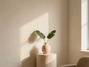 A quiet, minimalist consultation room with warm ivory walls, a single green leaf in a ceramic vase, soft morning light.