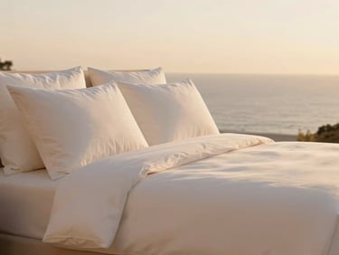 Soft architectural lines of a premium recovery suite overlooking a serene coastal horizon, warm golden hour.