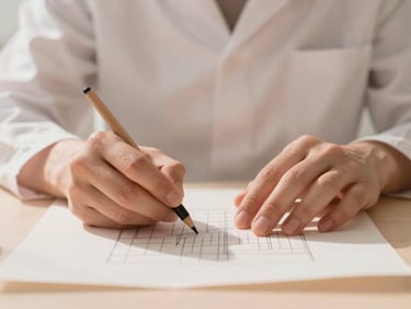 An elegant close-up of a surgeon's hands sketching architectural lines on paper, soft natural light, peach tones.