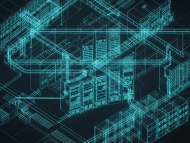 Orthographic wireframe of a secure server node array, glowing neon cyan lines on a deep slate background, low-light tactical environment.
