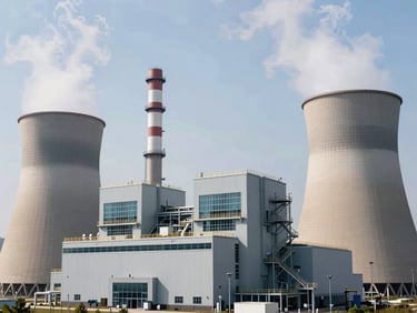 Professional industrial photograph of a modern power plant, steam rising from cooling towers, bright natural daylight, clean technical details, high-contrast realistic tones, 35mm lens
