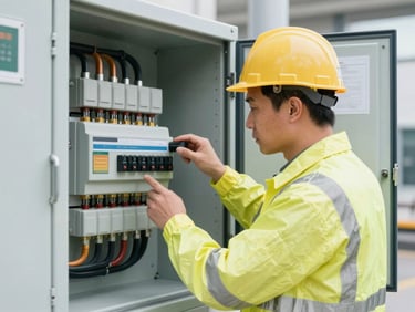 Professional industrial photograph of a technician in PPE inspecting an electrical panel inside a commercial building, clean, high-visibility neutral lighting, clean technical details, high-contrast realistic tones, 35mm lens