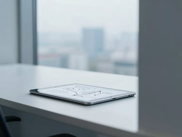 Structured workspace with clean lines, a technical diagram visible on a tablet, soft diffused overcast daylight, cool corporate tones