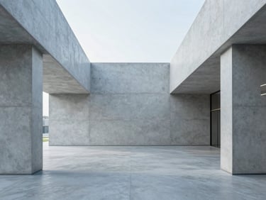 Wide environmental shot of a minimalist concrete corporate lobby with clean lines, soft diffused daylight