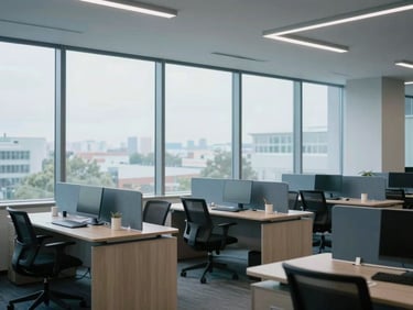 Structured workspace with clean architectural lines, modern desks, and cool daylight streaming through wide windows