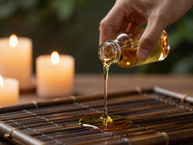 Hands pouring warm herbal oils onto a dark bamboo surface, soft candlelight, shallow depth of field, warm editorial photography