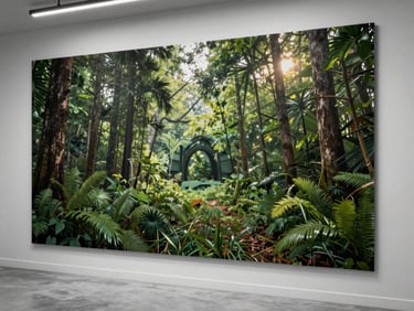 Wide environmental shot of a direct-to-wall print in a commercial interior, ink applied flush to a painted surface with no substrate gap, studio strobe raking across the wall at a low angle to reveal sharpness