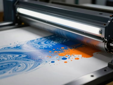 Extreme close-up from the right side, a large-format inkjet print head mid-pass over a white substrate on a production bed under studio fluorescent light — vivid blue and orange ink droplets visible in mid-air, the print surface filling the frame edge to edge, high contrast against the dark machine body