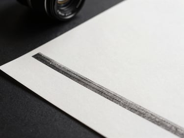 Overhead close-up of a fine-art paper sheet under controlled north-facing daylight, smooth bright-white surface showing ink density at the edge of a printed motif, dark studio surround