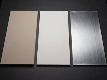 Wide shot from slightly above, a flat-lay of three substrate material samples — matte canvas, satin paper, and rigid aluminium dibond — arranged side by side on a dark studio table under controlled overhead strobes, each sample edge sharp and colour-accurate, no hands or text in frame